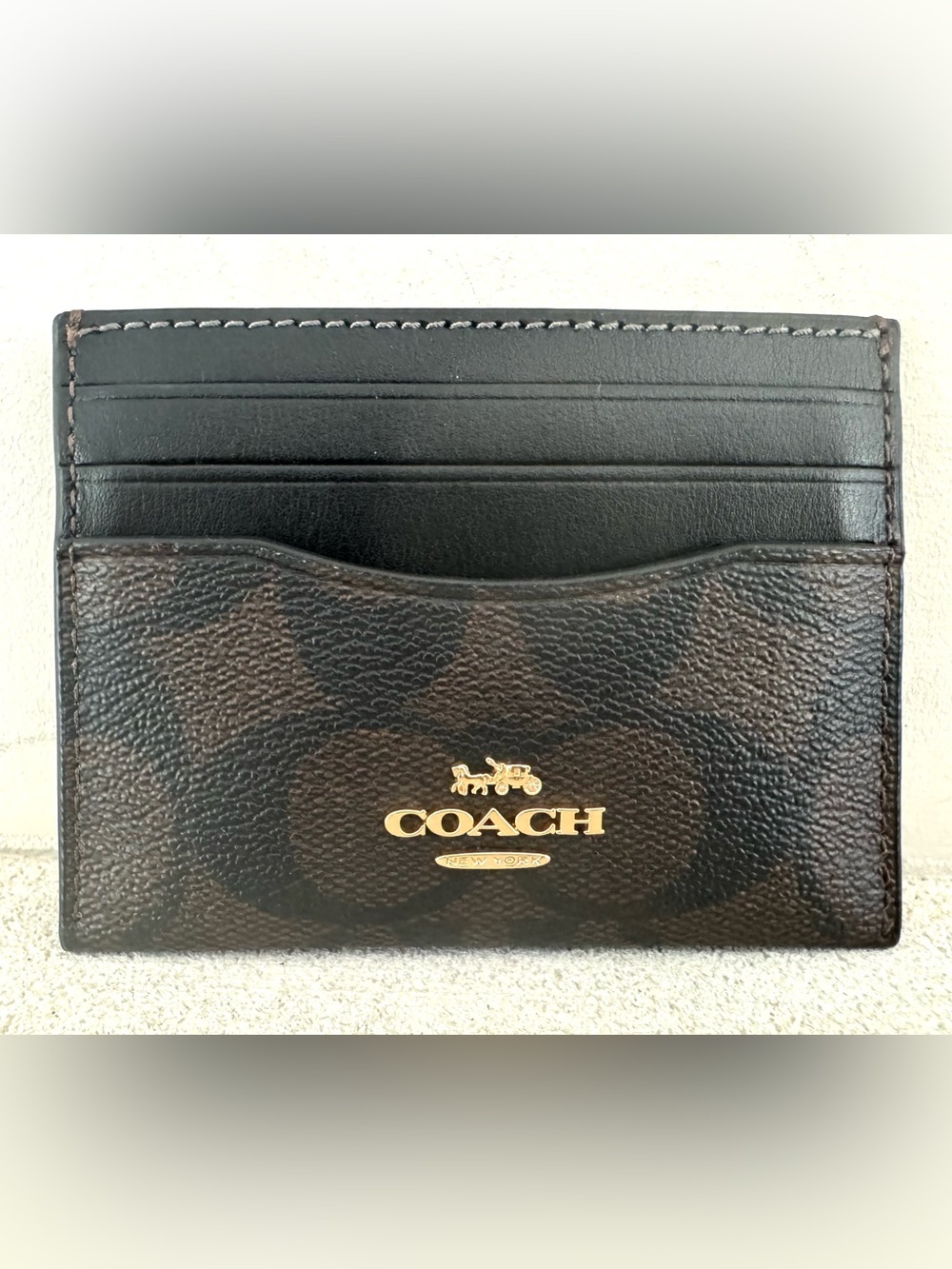 Coach Brown & Black Signature Slim Card Holder with Gold Logo